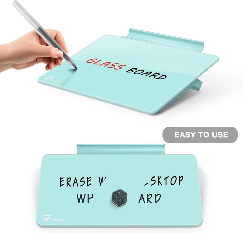 TOWON Aqua Blue Mini Desktop Pure Glass Whiteboard, Small Slope Slick Desk Whiteboard Glass, Desk White Board, Desktop White Board Dry Erase, Stenography Artifact for Office Home Schooling Décor, 8x6 Inches - Image 3